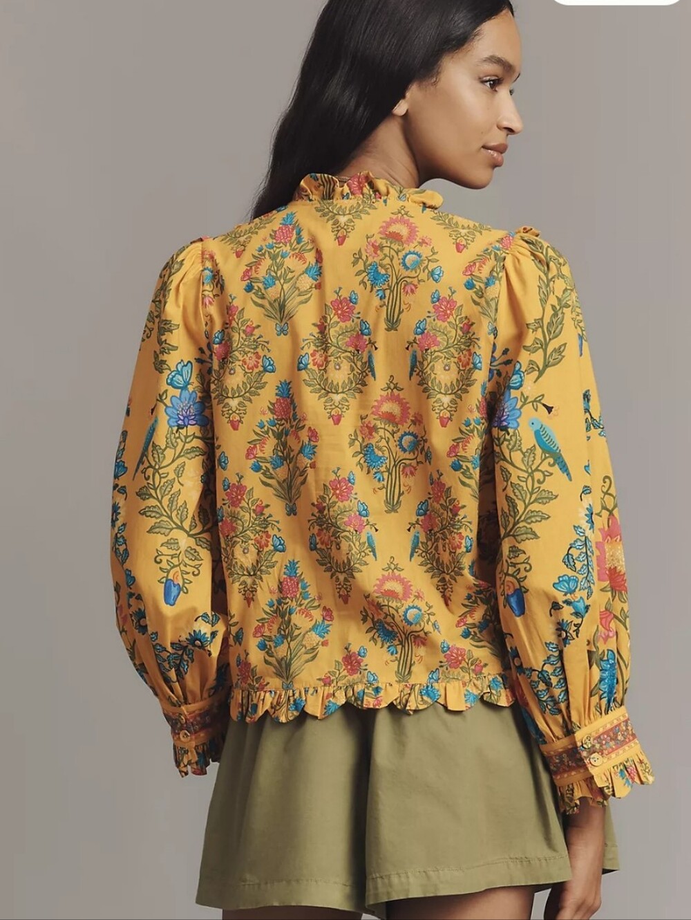 Farm Rio Anthropologie Puff- Sleeve Ruched Blouse Yellow Floral LS Button Up Med - Picture 2 of 10